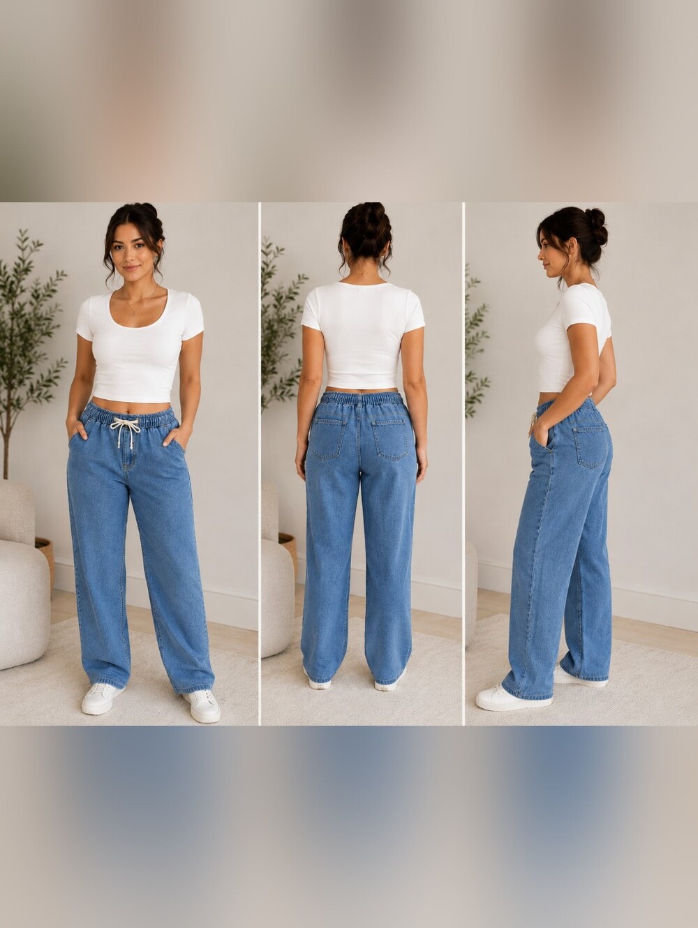 Light Wash Elastic Waist Denim Jeans Women’s US M/L Drawstring Pull On Straight